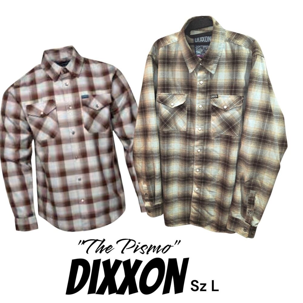 Dixxon The Pismo LG Tan Brown Plaid Long Sleeve Snap Button Up Logo Fall Flannel